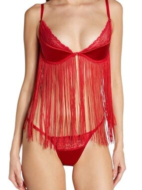 Coquette Red Fringe Lingerie Set Bra & G-String S NWOT Boudoir Tassel
